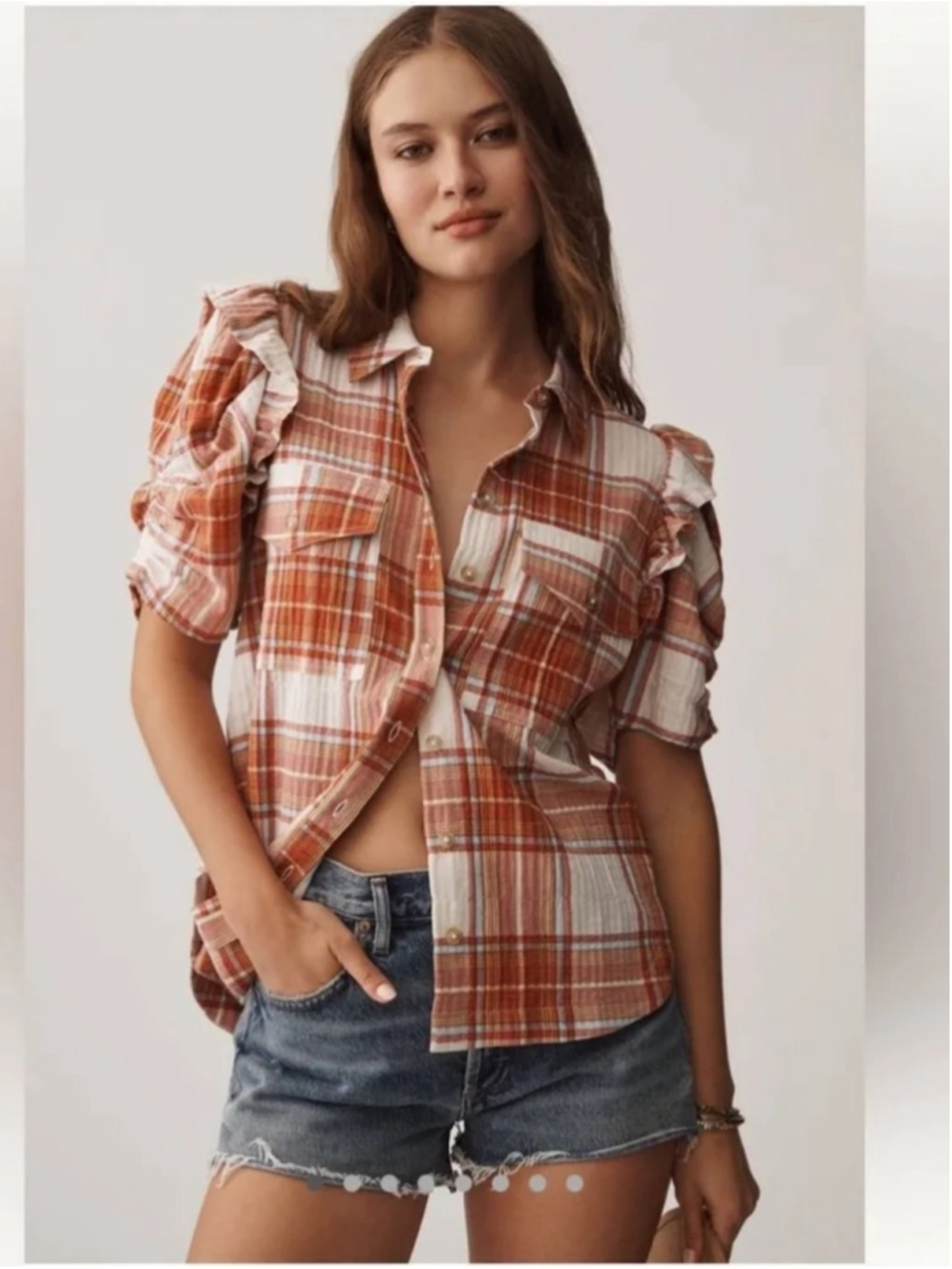Anthropologie Pilcro Ozzi Plaid Ruffle Sleeve Buttondown Shirt Sz Small